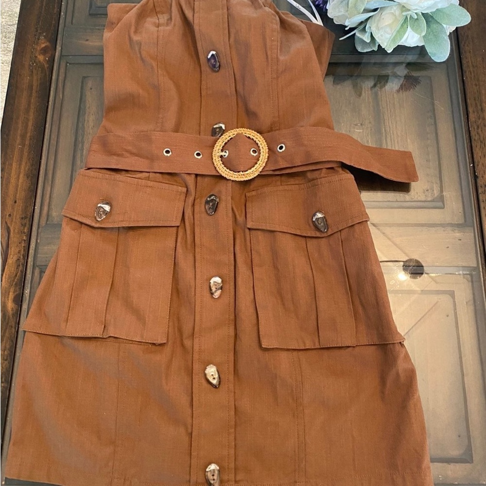 Lulu’s Strapless Brown Dress with Rattan Belt Soze XS - Picture 2 of 12